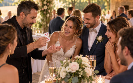 alt="Magicien animant un mariage devant les mariés et leurs invités