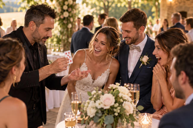 alt="Magicien animant un mariage devant les mariés et leurs invités